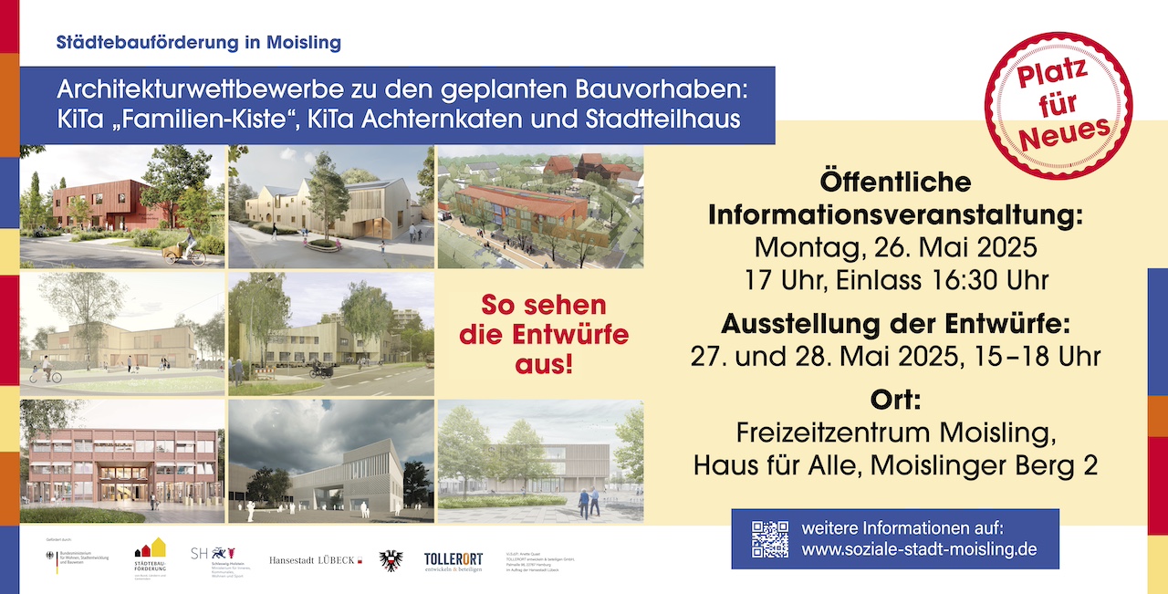 Wettbewerbsverfahren in Moisling: Ausstellung der Preisträger:innen für die KiTa „Familien-Kiste“, KiTa Achternkaten und Stadtteilhaus